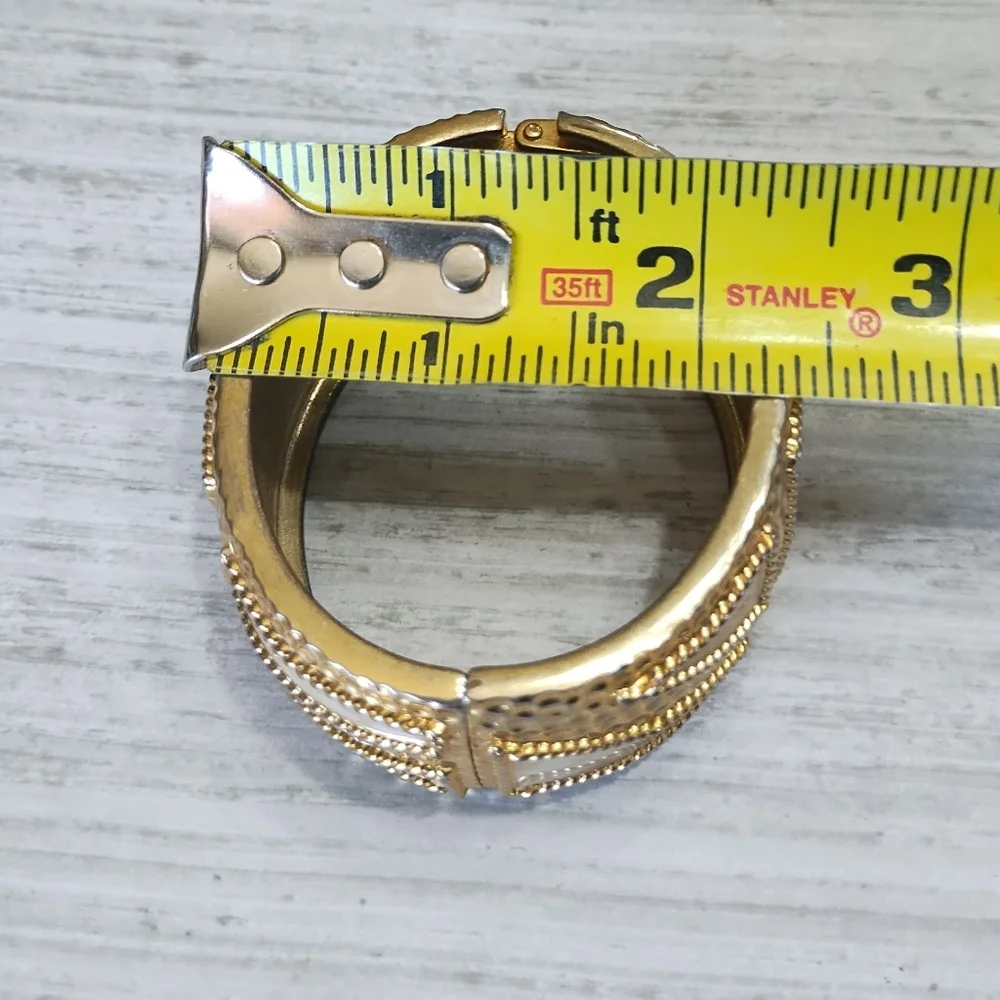Elegant Gold Tone and Creamy Pearl Colored Clamper Hinged Cuff Bracelet